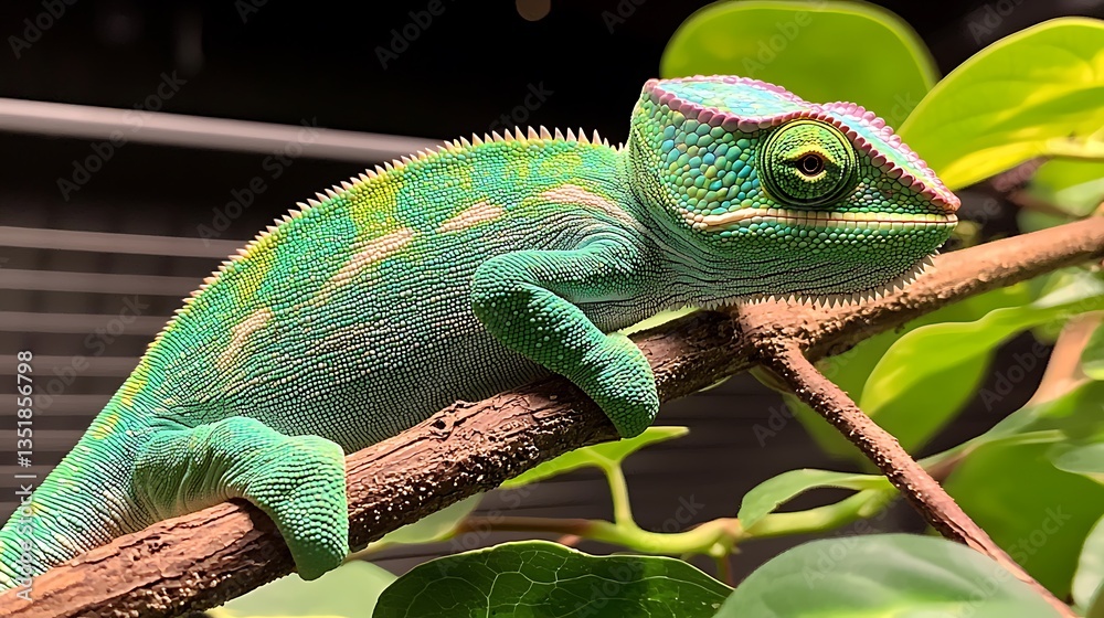 Fototapeta premium Vibrant green chameleon perched on branch.