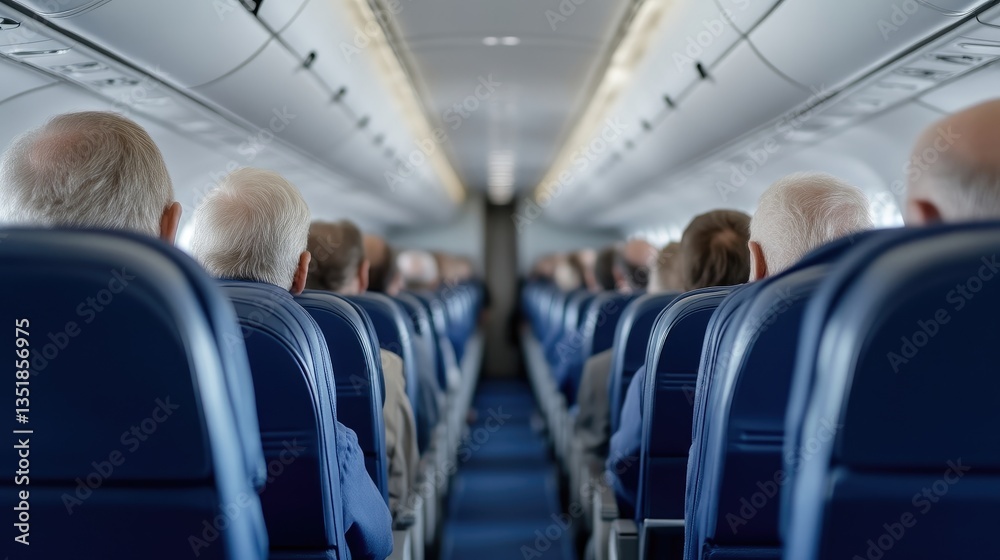 Fototapeta premium Full airplane cabin interior. Passengers seated