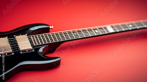 Sleek black electric guitar angled on red background, showcasing its fretboard and body details