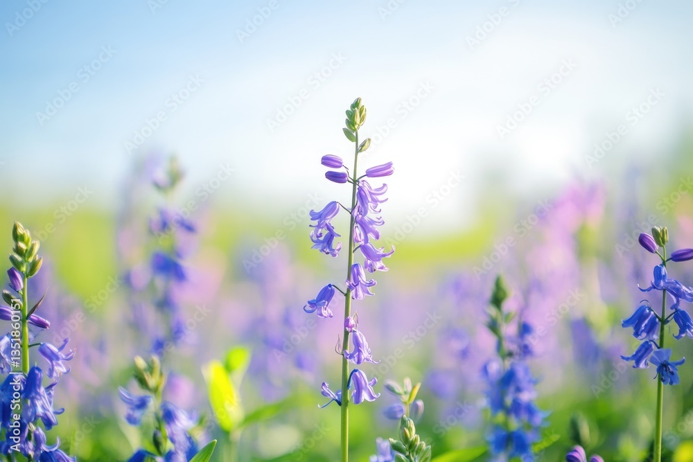 Obraz premium A single stalk of delicate bluebells stands tall, surrounded by a field of blurred blossoms under a bright sky.