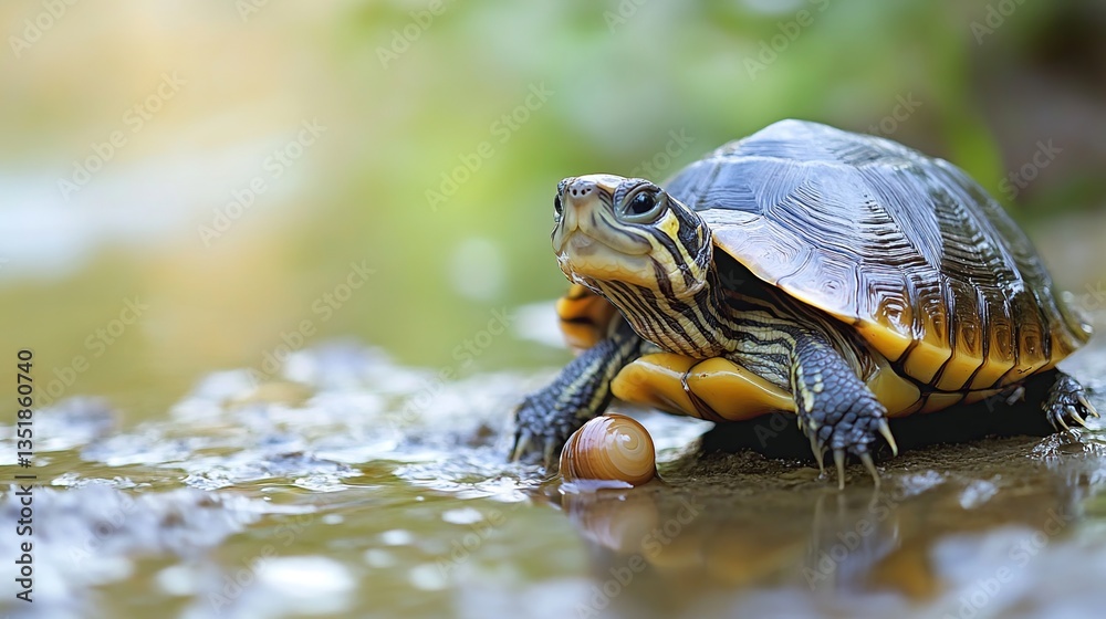 Small Yellow Bellied Turtle on a Wet Rock Near a Pond Small Yellow Bellied Turtle on a Wet Rock Near a Pond