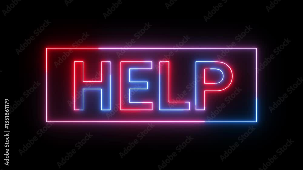 Help text icon animation neon red blue color font letter text word template signboard poster banner sign symbol on black background Help text icon animation neon red blue color font letter text word template signboard poster banner sign symbol on black background