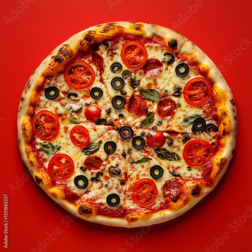 Delicious pizza diavola on red background gourmet cuisine food photography vibrant setting close-up view culinary art