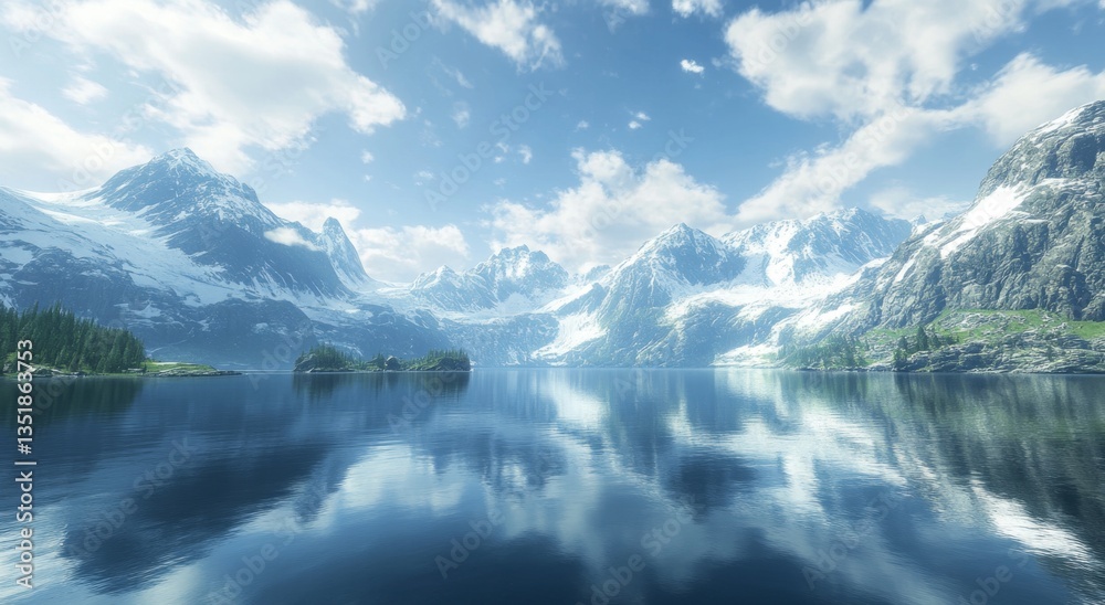 Naklejka premium Serene fjord, snow-capped mountains, calm waters, sunny sky, travel brochure