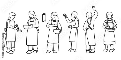 キッチンで料理をする女性の線画ベクターイラスト