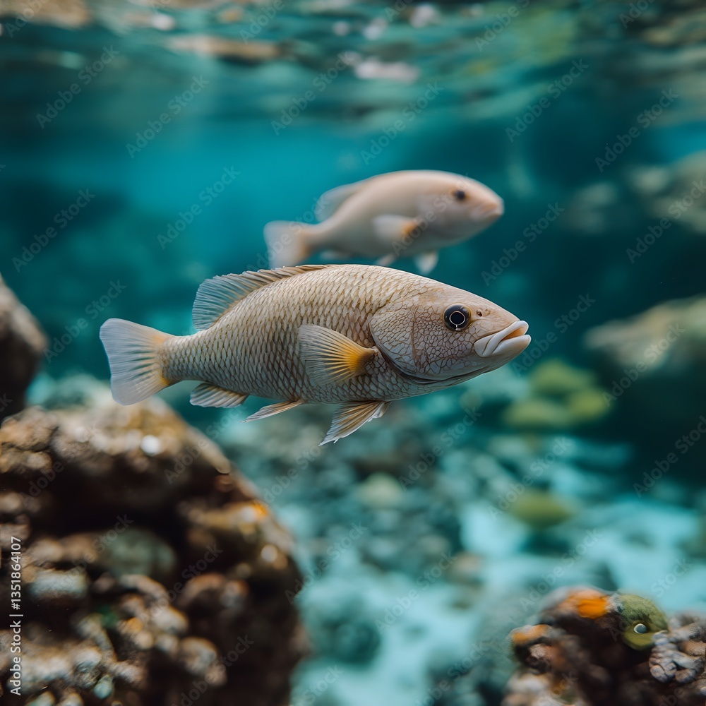 Naklejka premium Two fish swim in aquarium, coral reef background, underwater scene