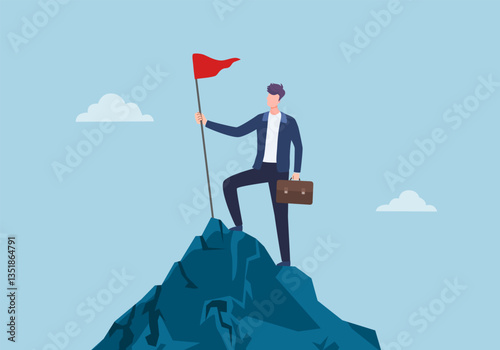 Business illustration concept of success with businessman silhouette running to the mountain peak as success metaphor. Minimalistic vector illustration