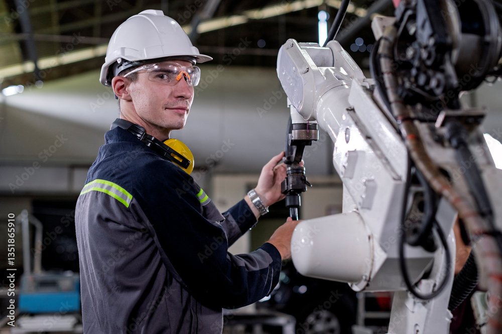 Robotics control engineers setting and maintain spare parts of industrial robot arm controller in production plant factory