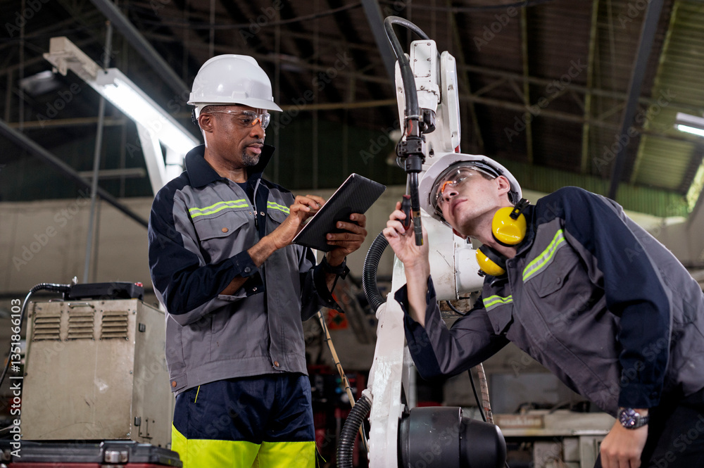 Robotics control engineers setting and maintain spare parts of industrial robot arm controller in production plant factory