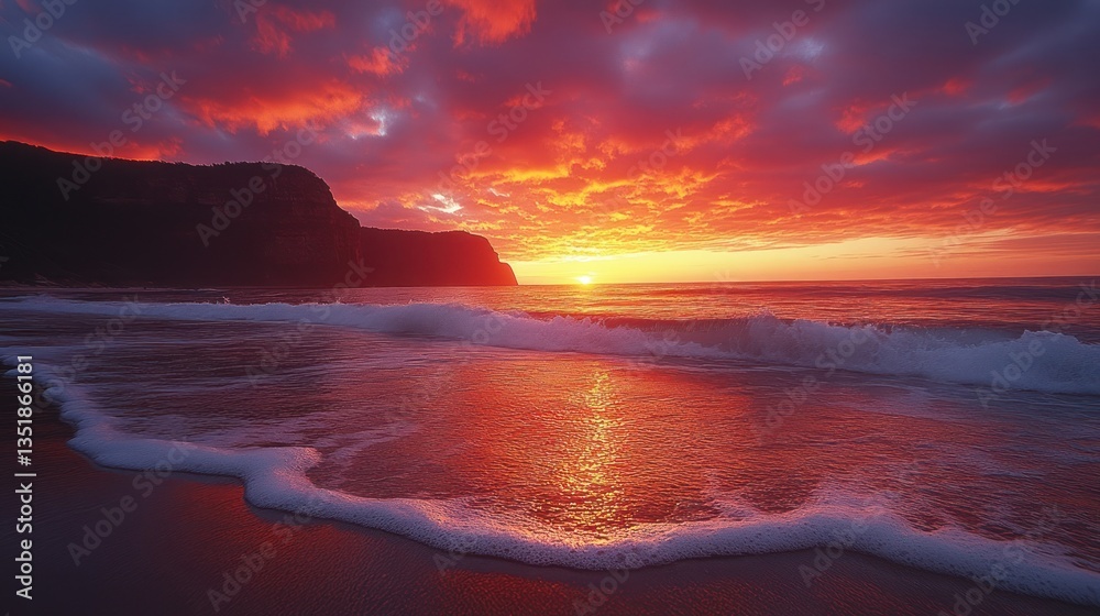 Obraz premium Fiery Sunset Over Ocean Beach