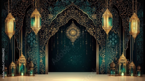 Luxurious Teal and Gold Islamic Archway with
