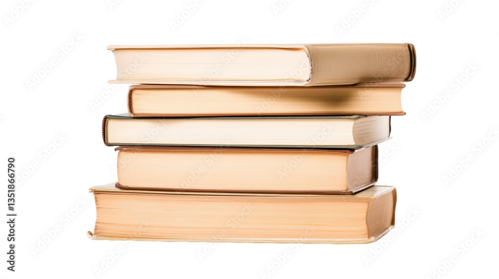 A stack of five closed books displaying varying sizes, highlighting their spines and edges with a classic, timeless appearance. A stack of five closed books displaying varying sizes, highlighting their spines and edges with a classic, timeless appearance.