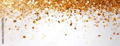 Gold Confetti Falling on White Background for Elegant Celebration and Decoration photo