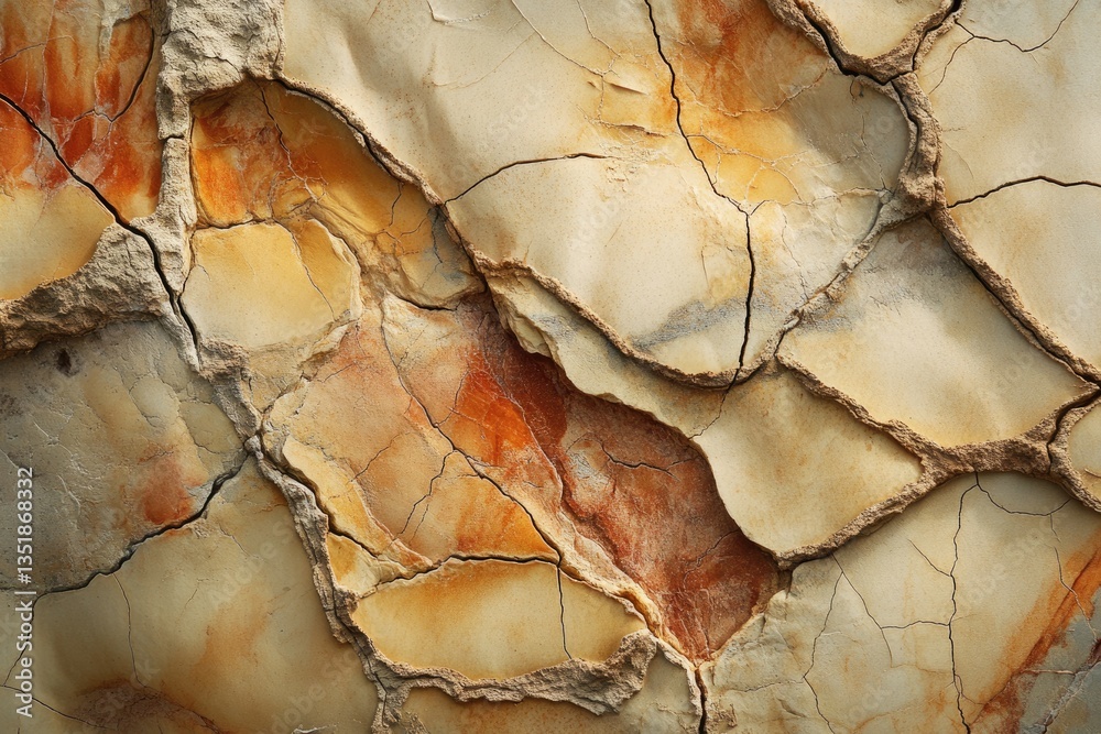 Fototapeta premium Cracked earth texture with beige and orange tones, showing intricate patterns of erosion and weathering.