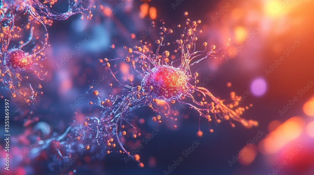 Obraz premium Abstract Cellular Network with Glowing Nodes and Interconnected Pathways Complex Biological Structure