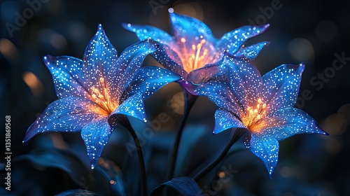 Glowing blue lilies in dark night.  Possible stock photo use