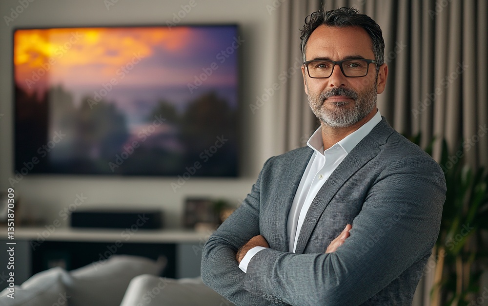 Obraz premium Eye-level, waist-up shot of a man in his forties, wearing a gray suit and white shirt, arms crossed, looking at the camera and standing against a living room wall with a flat-screen TV behind him.