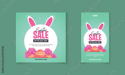Easter day discount post and story template design with flower, rabbit ears egg for social media ads