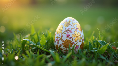 A beautifully detailed Easter egg with intricate floral patterns rests among fresh grass in the soft morning light.