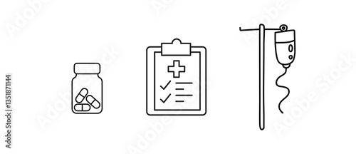 Medical Line Art Icons Pills, Clipboard, and IV Drip for healthcare, medicines, and treatments
