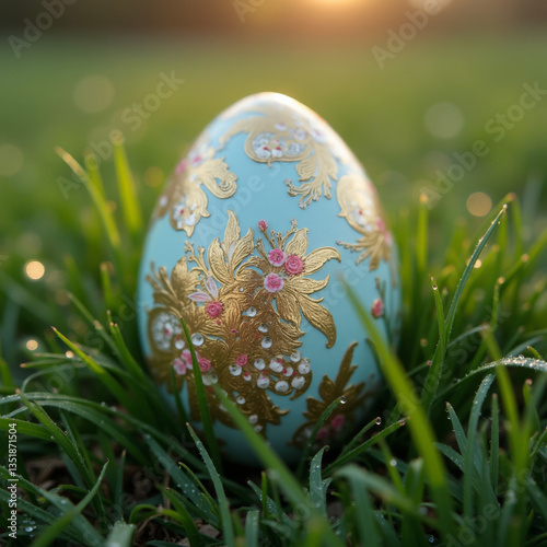 A beautifully detailed Easter egg with intricate floral patterns rests among fresh grass in the soft morning light.
