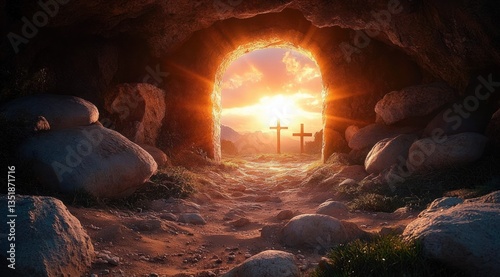 Empty Tomb at Sunrise with Shroud and Crosses, Resurrection of Jesus Christ, Christian Miracle Scene