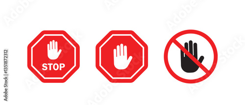 Red STOP sign icon set and sign with hand and stop sign vector icon set illustration  isolated on white background. 