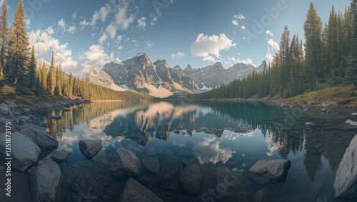 Fototapeta Naklejka Na Ścianę i Meble -  Mountain lake reflection, serene sunrise, Banff, Canada