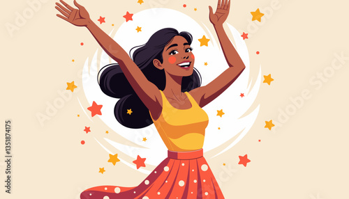 Joyful young woman dancing with stars in colorful background