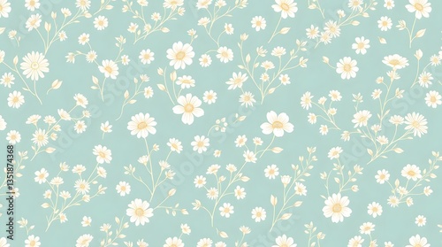 Seamless floral pattern with delicate white daisies and leaves on a soft pastel blue background perfect for fabric wallpaper gift wrapping and vintage-style designs