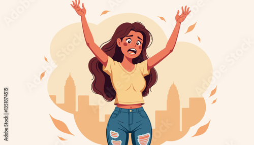 Woman expressing shock against a city skyline background