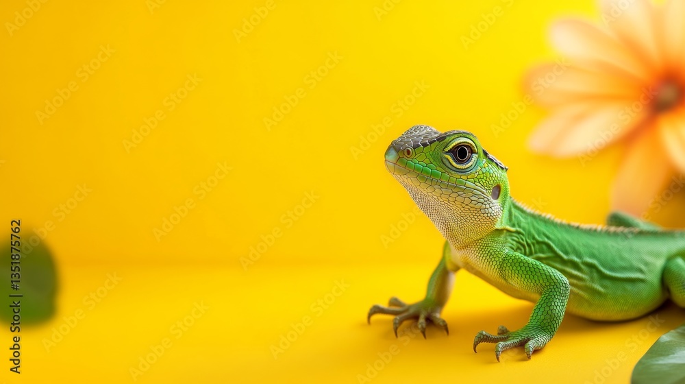 Fototapeta premium A green lizard is on a yellow background. The lizard is looking at the camera. The background has a yellow color and a flower