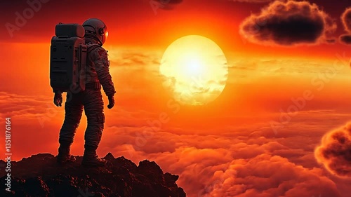 Astronaut on alien mountaintop at sunset