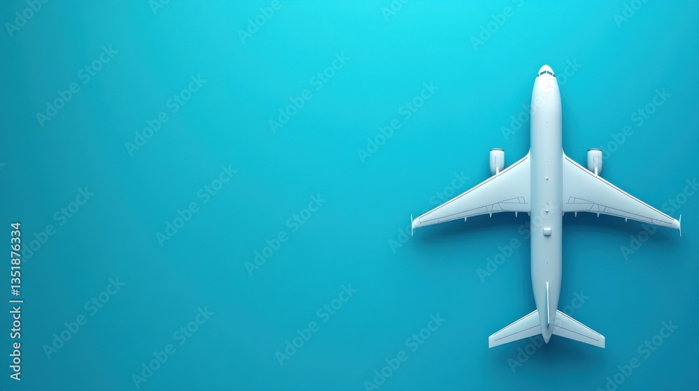 Top View of a Minimalist White Airplane on a Smooth Turquoise Background for Travel and Adventure Themes Top View of a Minimalist White Airplane on a Smooth Turquoise Background for Travel and Adventure Themes