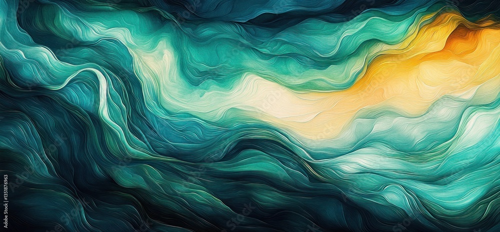 Obraz premium Abstract Waves of Nature Flowing Teal Green Yellow Texture Background Beautiful Exotic Art