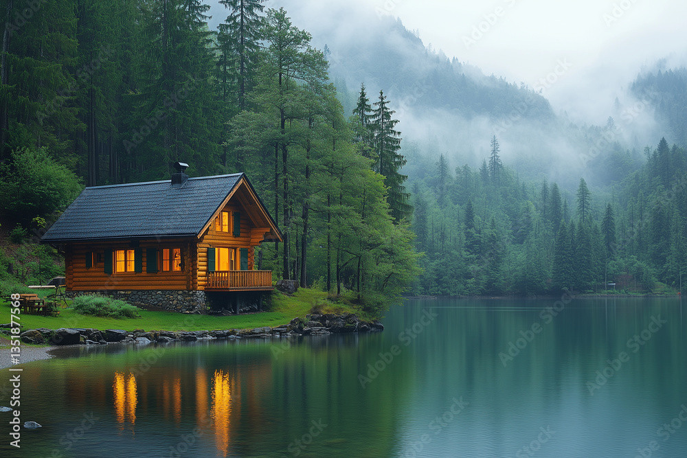 Fototapeta premium Cabin by the lake surrounded by trees and mist