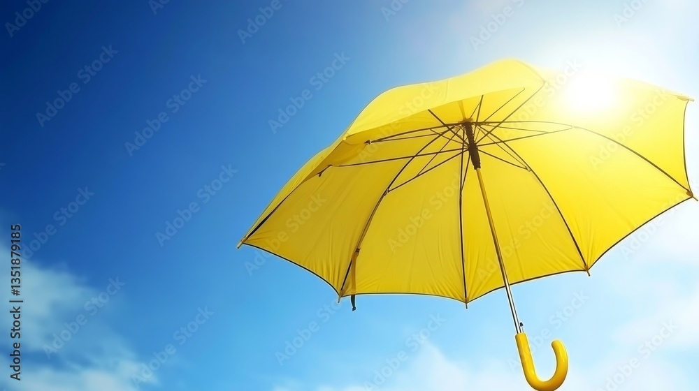Bright yellow umbrella open under clear blue sky with shining sun, creating summer holiday concept, protection from sunlight, vibrant weather, relaxation, vacation mood, and cheerful atmosphere Bright yellow umbrella open under clear blue sky with shining sun, creating summer holiday concept, protection from sunlight, vibrant weather, relaxation, vacation mood, and cheerful atmosphere