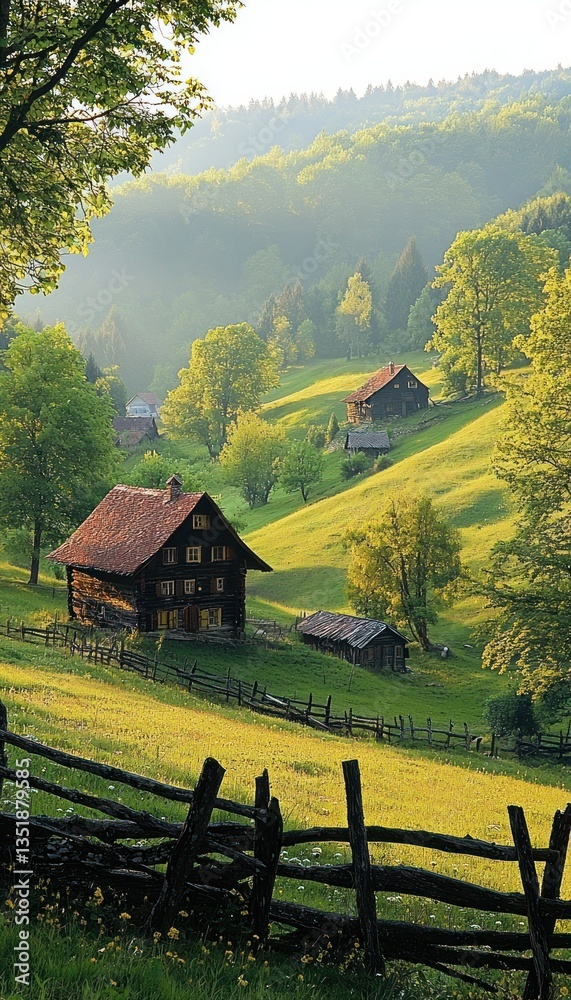Serene Swiss Alps Village: Picturesque Wooden Houses nestled in verdant hillsides, bathed in the golden morning light Serene Swiss Alps Village: Picturesque Wooden Houses nestled in verdant hillsides, bathed in the golden morning light