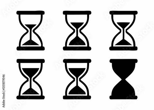 A collection of black outline hourglass icons, each showing a different stage of time passing.