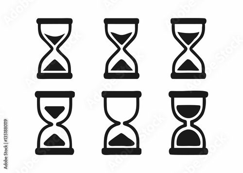 A collection of black outline hourglass icons, each showing a different stage of time passing.