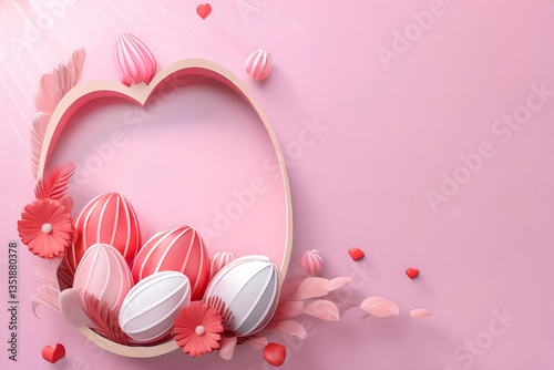 A charming Easter decoration with pastelcolored eggs and vibrant flowers, elegantly in a heartshaped frame