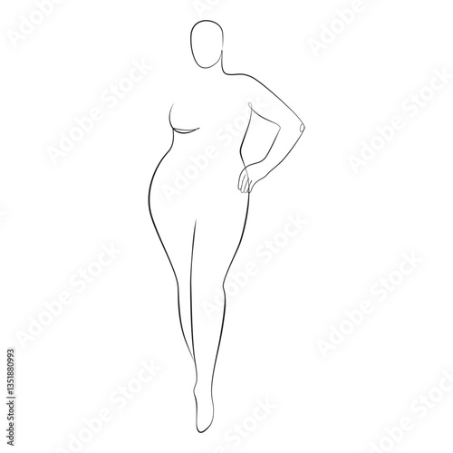 Curvy woman one line drawing on white isolated background. Plus size model, body positive concept