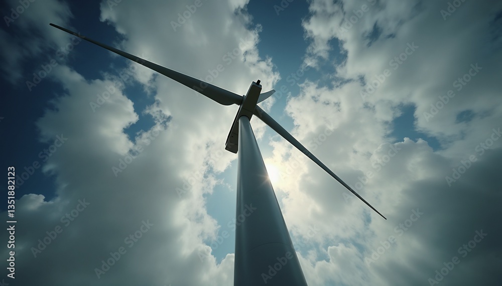 Wind turbine viewed from below against a cloudy sky, representing renewable energy and sustainability Wind turbine viewed from below against a cloudy sky, representing renewable energy and sustainability