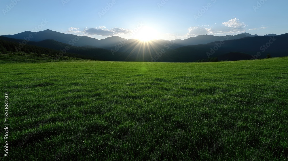 Fototapeta premium Lush green meadow at sunset, mountains in the background