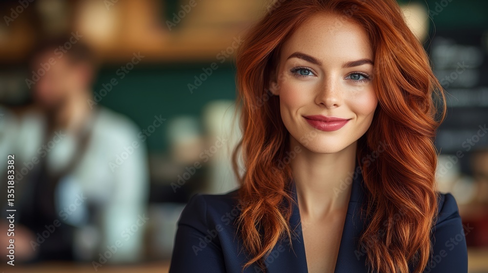 custom made wallpaper toronto digitalA woman with red hair and a blue jacket is smiling. She is wearing a red shirt and is standing in front of a counter
