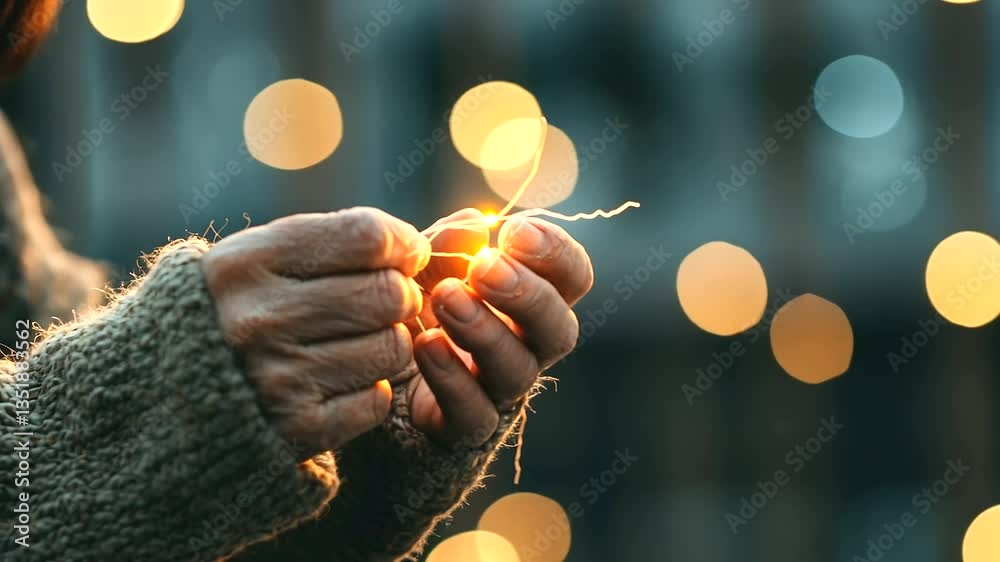 A homeless person crafting a bracelet from salvaged materials