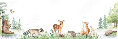 Watercolor forest animals. Baby raccoon, deer, fox, bear, hedgehog, bunny, beaver. Hand drawn illustration. Woodland border, nursery art, wild life design for print, wallpaper, greeting cards, poster.