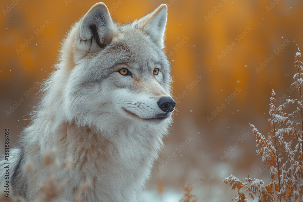 Fototapeta premium Wolf standing in an autumn field with a peaceful expression