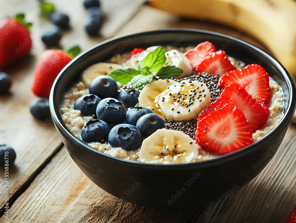 Oatmeal topped with cereal, strawberries, blueberries, honey and chia seeds Healthy breakfast food Oatmeal topped with cereal, strawberries, blueberries, honey and chia seeds Healthy breakfast food