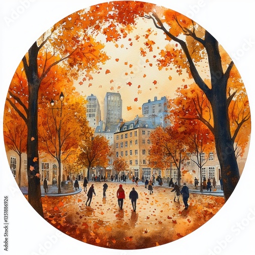 Autumn Urban Scene Watercolor Illustration with Faneuil Hall, Vibrant Colors and Playful Townsfolk